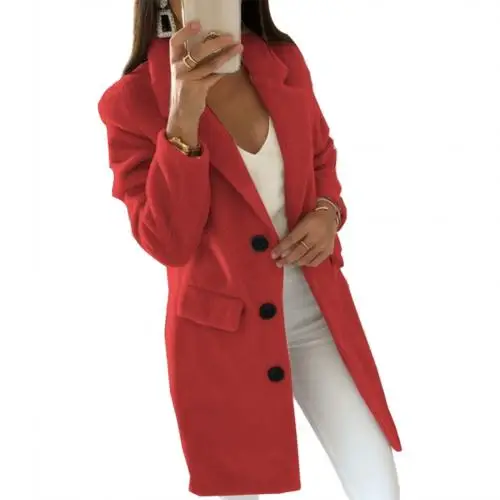 Осень зима длинный рукав кардиган сплошной цвет для женщин лацкан Блейзер Куртка пальто - Цвет: Красный