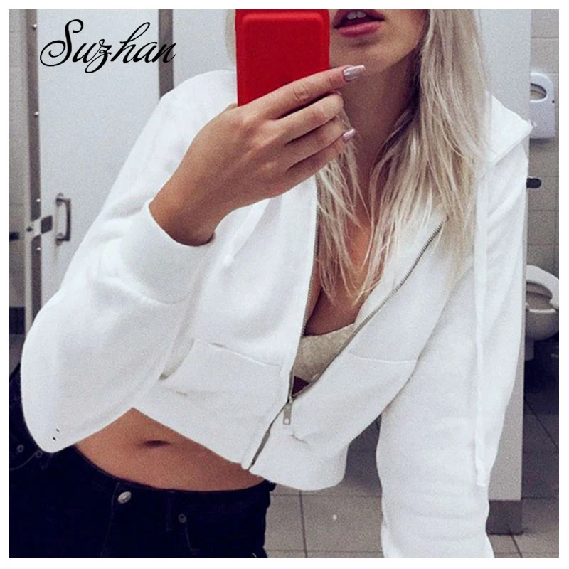 

Suzhan Zip-up Autumn Winter Women Hoodies Pockets Slim Crop Jacket Female Clothes Drawstring White Sexy Hoody Cotton Coats