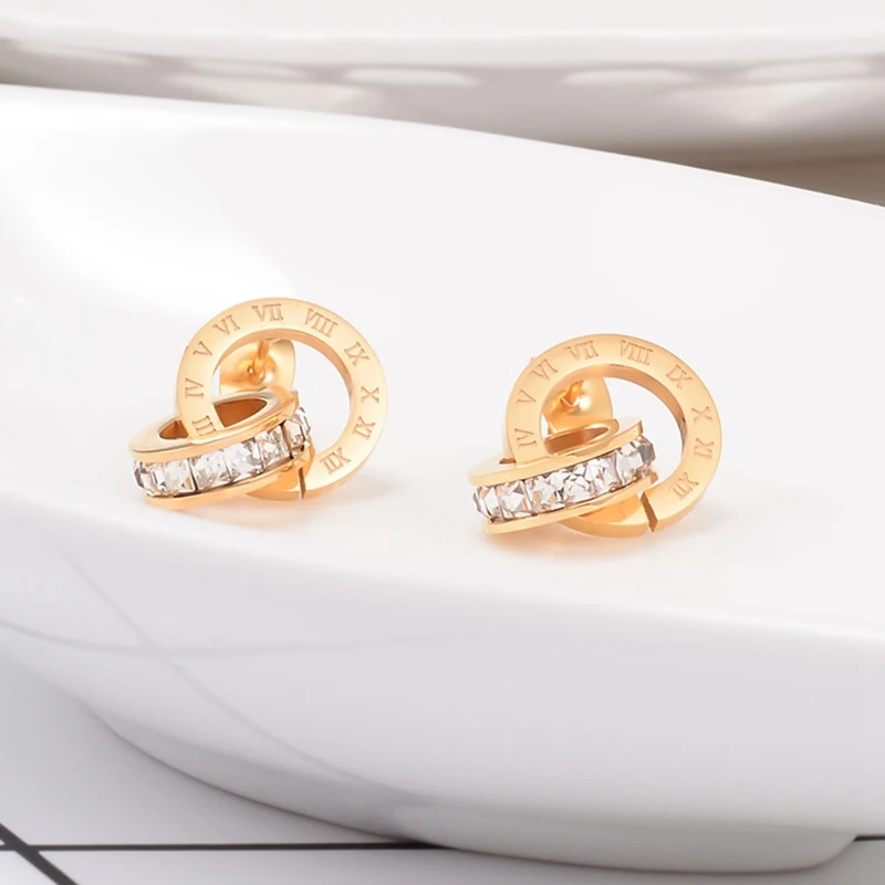 

High Quality Roman Numerals Flash Small Zircon Titanium Steel Stud Earrings Double Ring Earrings For Woman