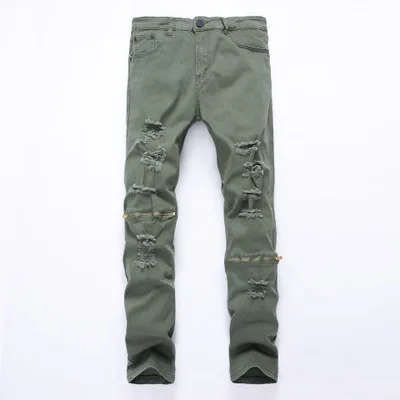 army green 605 Белые рваные мужские джинсы с дырками, супероблегающие, Известный дизайнерский бренд, облегающие рваные джинсы, узкие джинсы на молнии - Цвет: army green 605