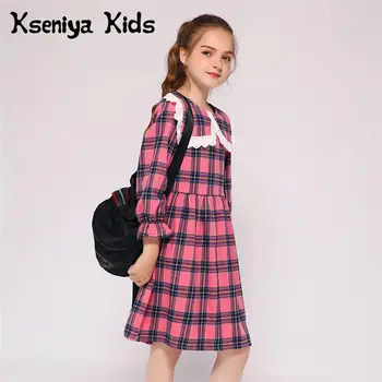 

Kseniya Kids Wholesale Spring Autumn Girls Long Sleeve Dress Lace Collar Plaid Soft Warm Fabric With Wool For Party School