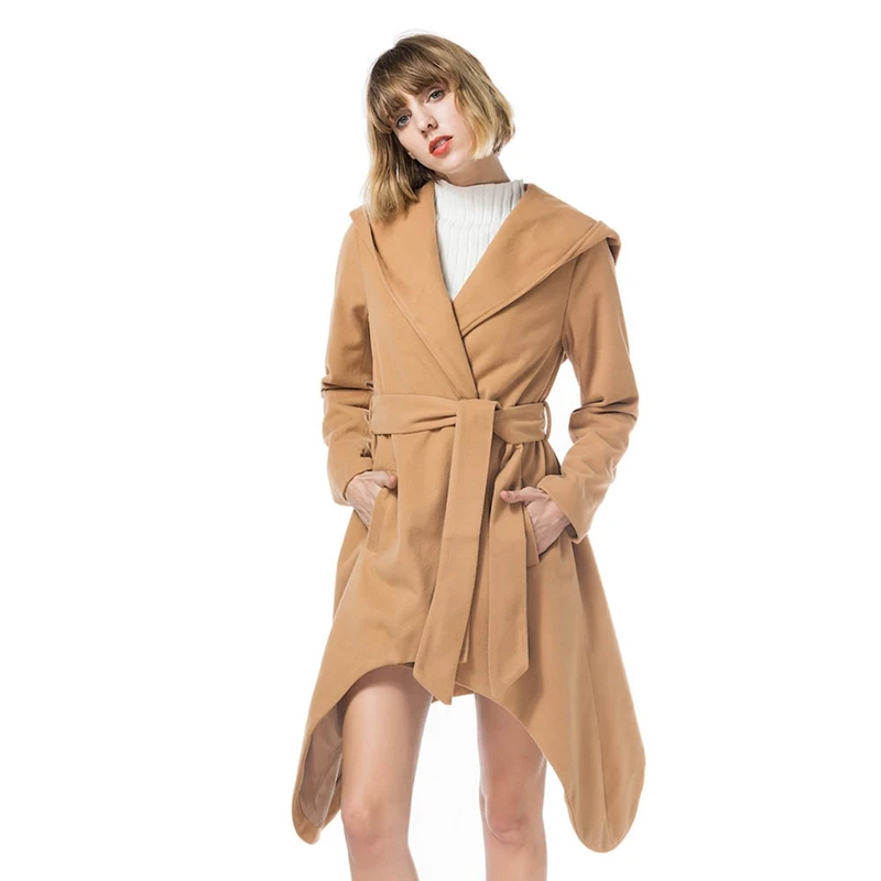 Женское пальто с капюшоном на зиму и весну, пальто с твердым поясом и длинным рукавом, Необычные куртки, модная женская ветрозащитная верхняя одежда