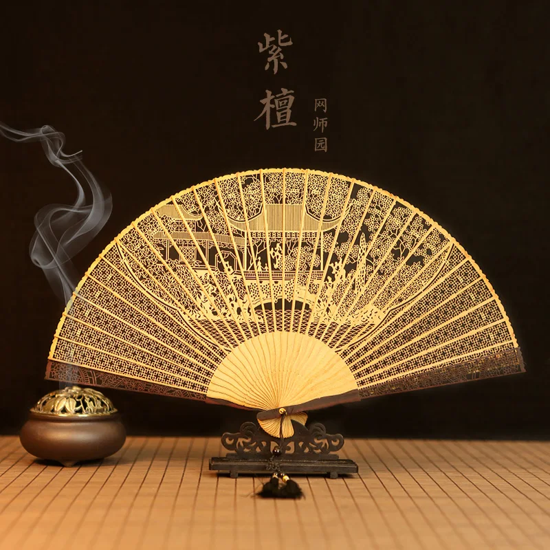 

New Carved Su Fan Ebony Ebony Folding Fan Female Sandalwood Chinese Style Gift Hand Held Fan