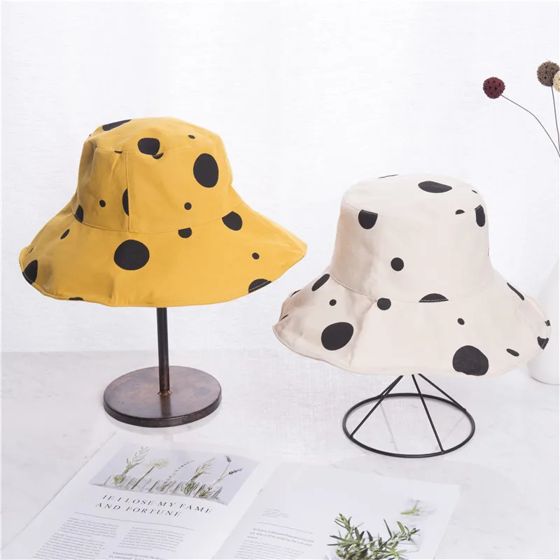Sun Hat Women Summer Foldable Bucket Hat Harajuku Large Brim Dot Printed Beach Sun Hat Japanese Style Yellow Black Khaki Beige   (9)