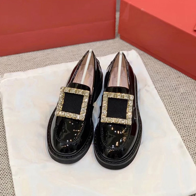 Japanned leather oxfords shoes woman metal crystal buckle flats creepers slip-on round toe loafers casual solid shine moccasins women oxford shoes
