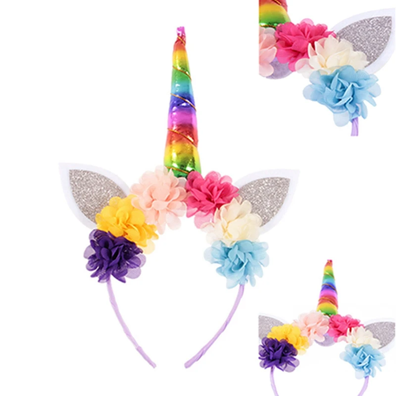 Милая Детская повязка для волос из шифона с изображением цветов единорога и рога, новая повязка на голову с изображением единорога, повязка на голову с цветами на день рождения, 5 шт
