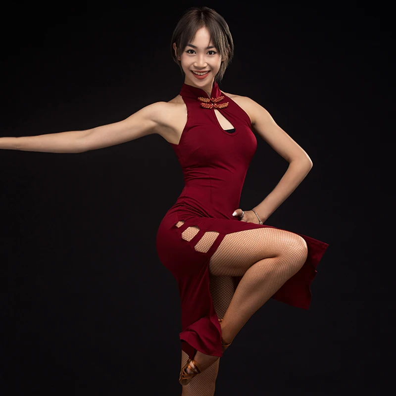 Latin Dance Dress Female Adult Cheongsam Buckle Sexy Dresses Performance Clothing Rumba Cha Cah Samba Salsa Dancewear
