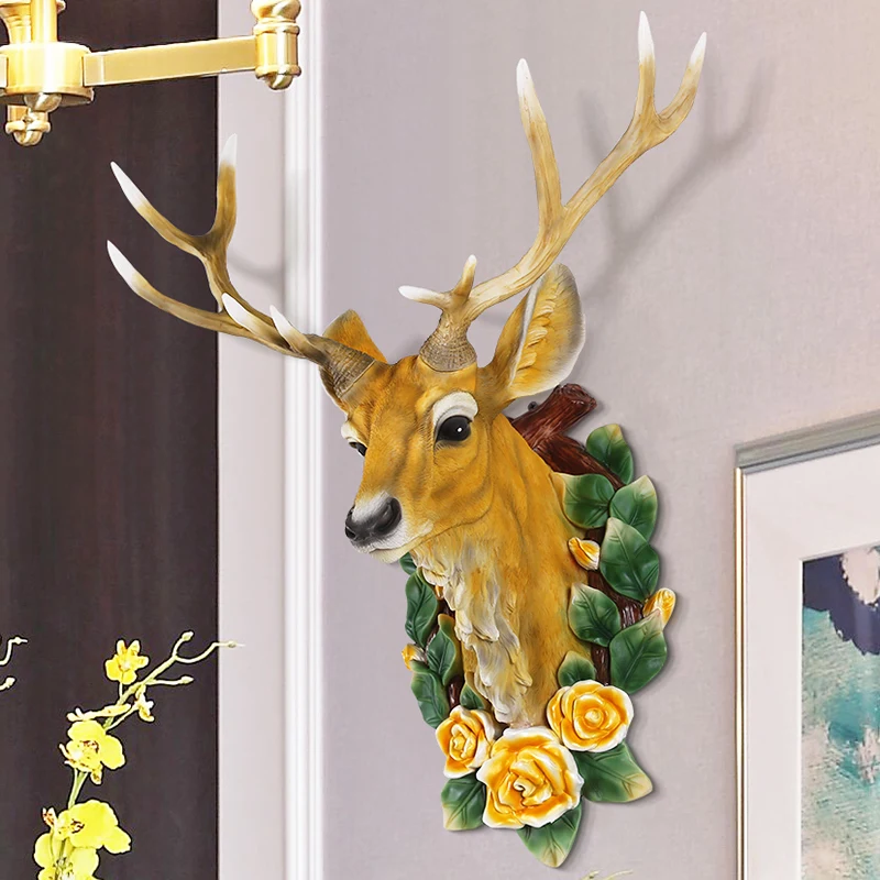 

Deer Head Wearing Pink Yellow Rose Garland Crafts Decor European Livingroom Home Wall Hanging Fishes Mural Creative Wall Sticker