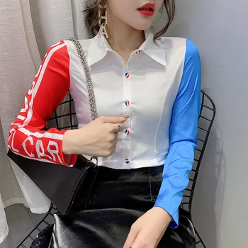 

Office Lady European Clothes Patchwork Contrast Color Letter Blouse Women 2020 New Spring Slim Base Shirt Ropa Mujer Tops T02529