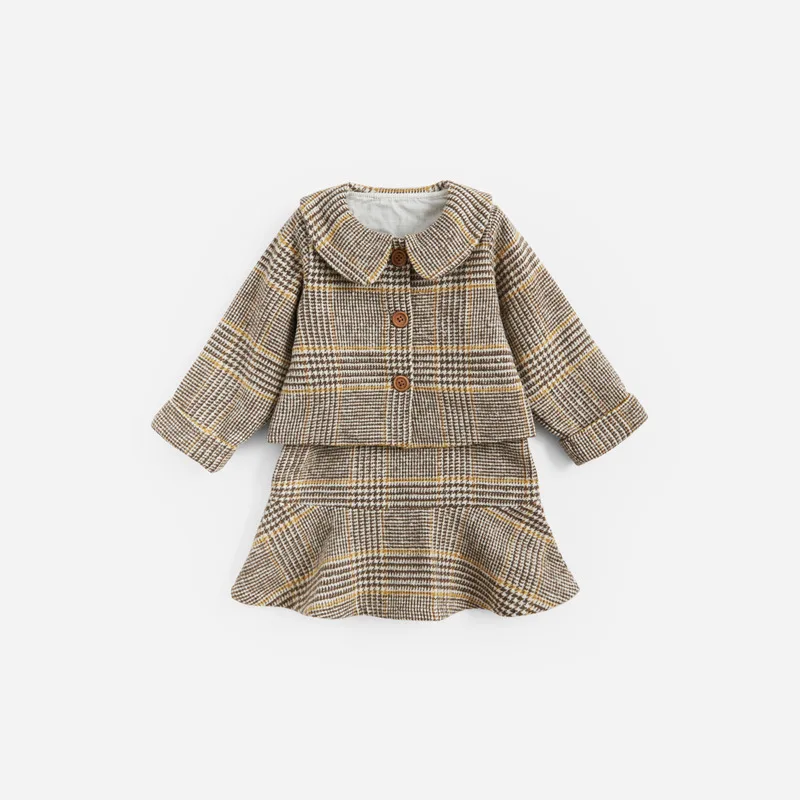 yellow plaid Осенне-зимний комплект для девочек, модный клетчатый кардиган с длинными рукавами+ короткая юбка, Детский комплект с юбкой для девочек 3-7 лет - Цвет: yellow plaid