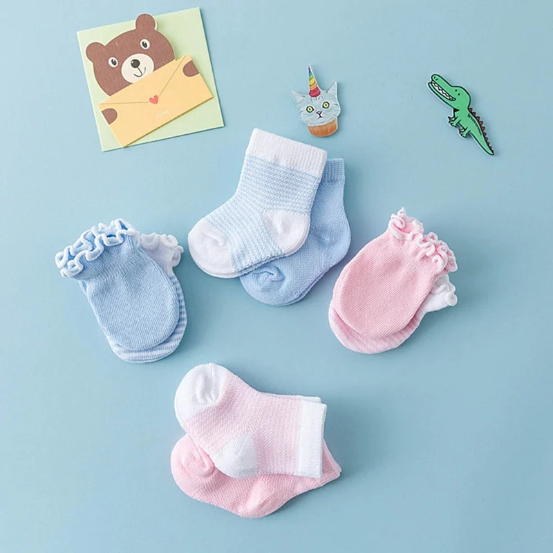 4 Pairs/Set Newborn Warm Baby Socks Anti Scratch Cotton Soft Gloves Sets Solid Color Boys Girls Mittens Suits 0-6M