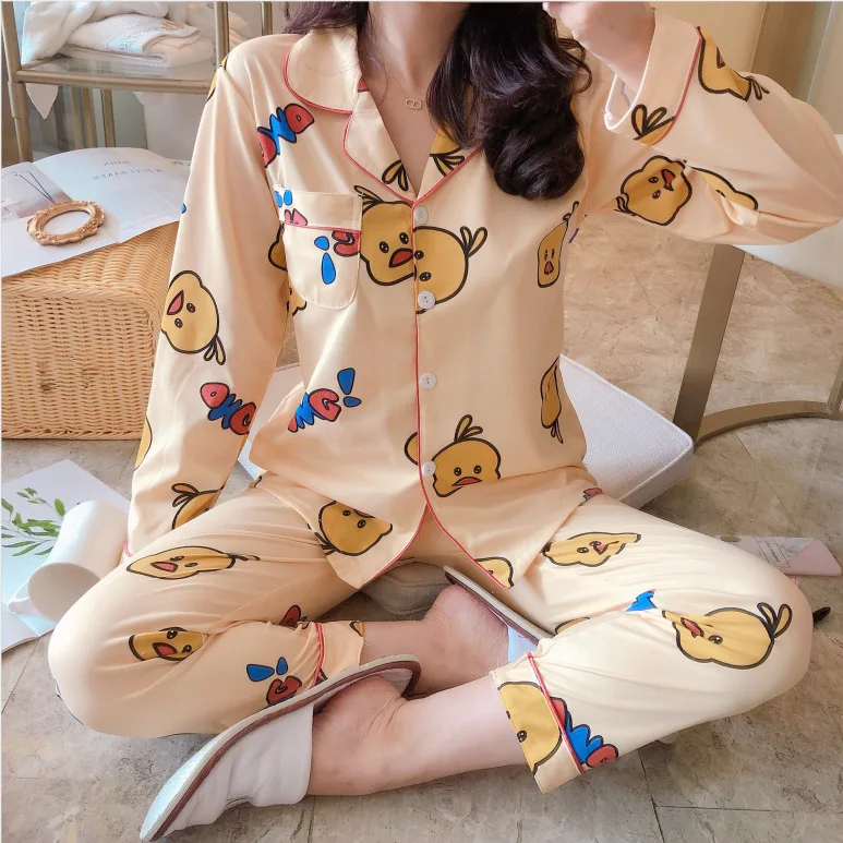 

2020 Low Price Spring And Autumn Korean-style Pajamas Women's Qmilch Cardigan Fold-down Collar Long Sleeve Trousers Homewear Set