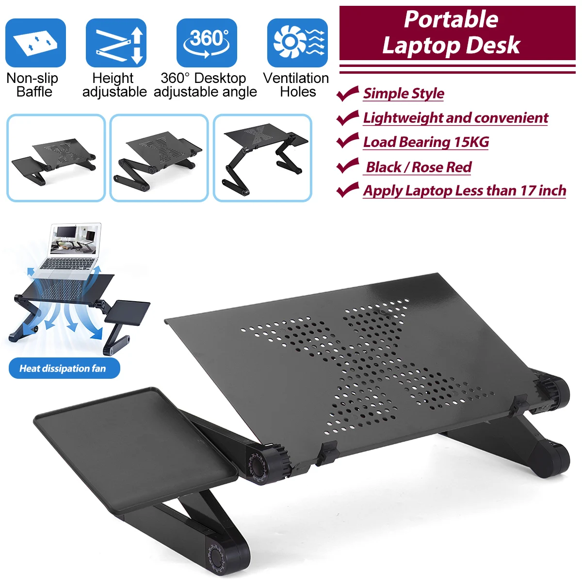 360-Degree Rotation Multifunctional Portable Folding Laptop Table with Fan Black 