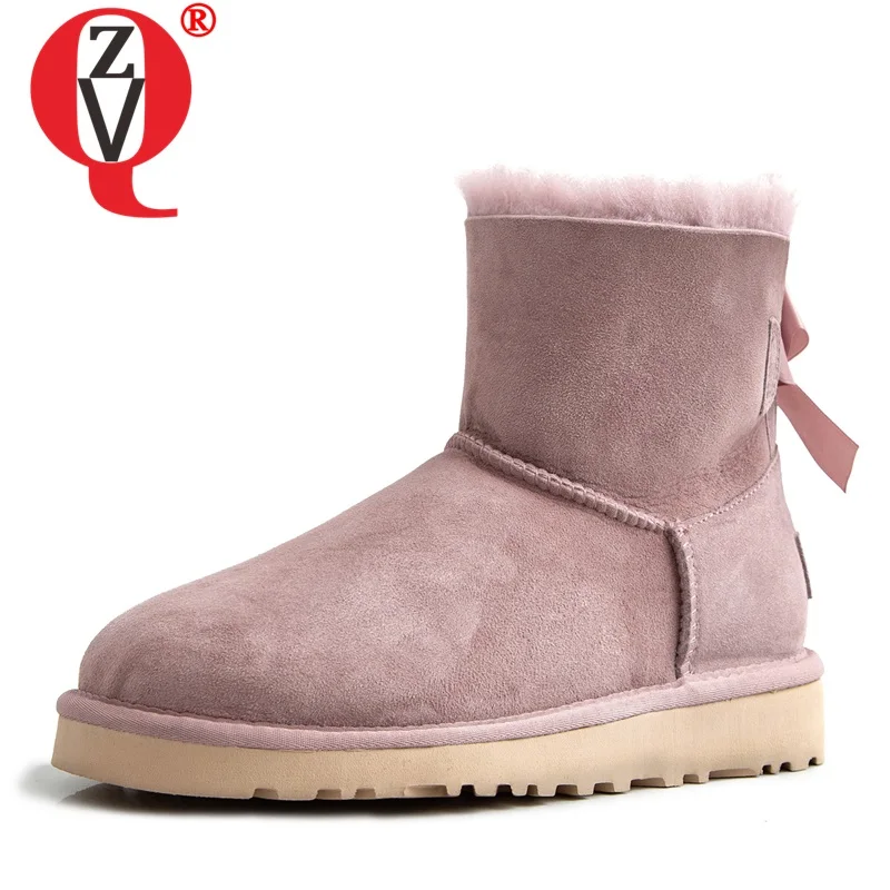 

ZVQ wool snow boots winter genuine leather women's flats shoes 33-42 plus size cute pink brown bowtie fashion ankle boots