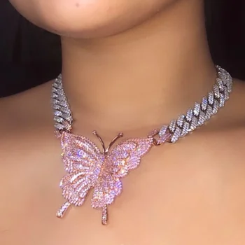 

New 15mm Iced Out Bling CZ Cuban Link Chain Rose Gold Pink Butterfly Necklace Silver Color 2Row CZ Choker women Hip Hop jewelry