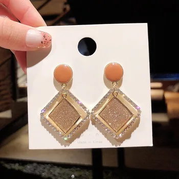 

Exaggerated Gold Color Enamel Round Crystal Square Dangle Earring for Women Personality Rhombus Earrings Girlfriend Gift