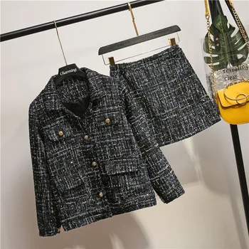 

2 piece set women large size women's new autumn and winter bright silk woolen coat with skirt two-piece women sweatsuits sets