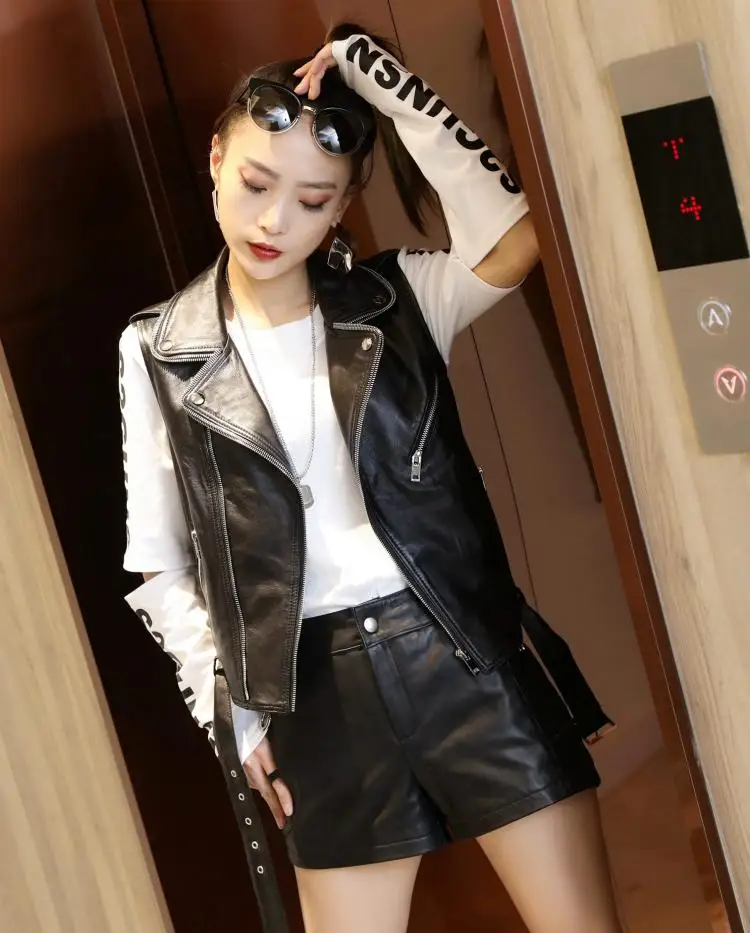 Genuine Leather Vest Highstreet Moto Notched Neck Zip Buckle Belted Sleeveless Sheepskin Vests Women Casual Slim Outwear Female