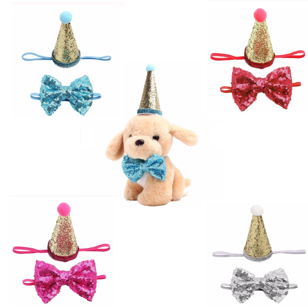 

2Pcs/set Pet Dogs Caps With Bowknot Cat Dog Birthday Costume Sequin Design Headwear Cap Hat Christmas Party Pets Accessories