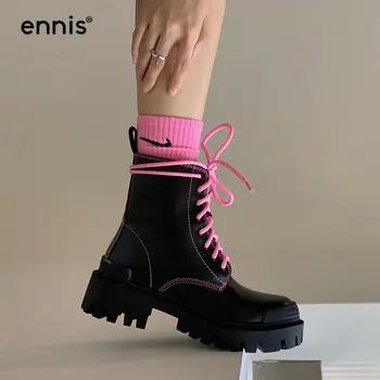 

ENNIS 2020 Designer Genuine Leather Boots Women Shoes Autumn Winter Platform Martin Boots Female Lace Up Ankle Boots Black A0277