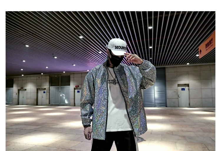 Men New Reflective Jacket Male Women Loose Casual Streetwear Hip Hop Coat Outerwear Club DJ Stage Clothing