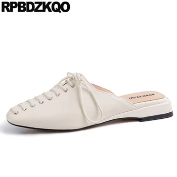 

designer slippers mules genuine leather brand lace up square toe ladies beautiful flats shoes fitness 2019 women white moccasins