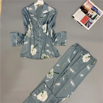 

Female Long Sleeve Nightwear Kimono Gown Satin Sleep Set Print Flower Home Clothing Lingerie Sleepwear Home Wear Nightgown