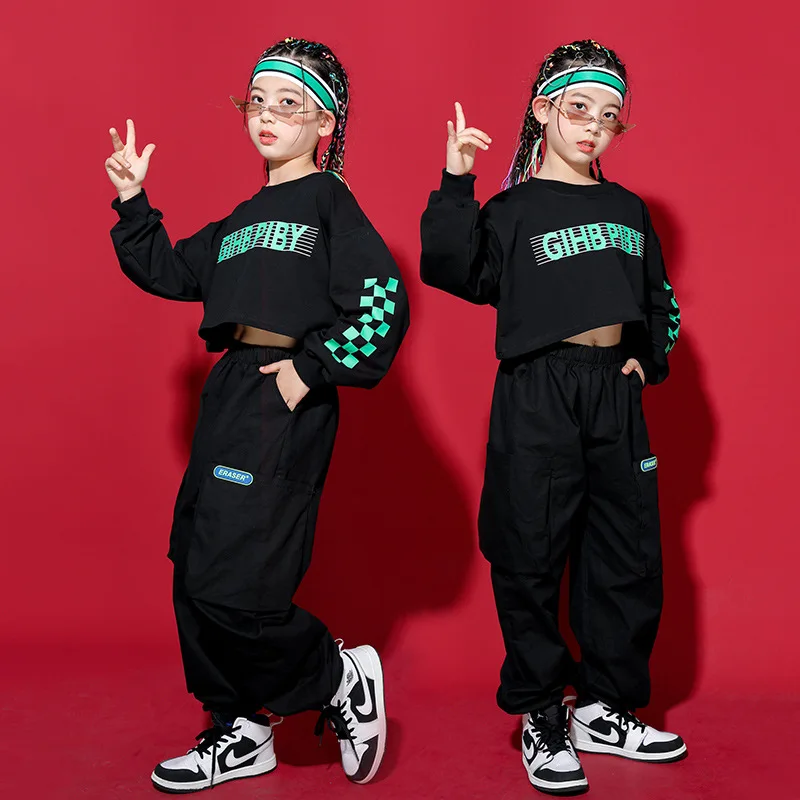 

Kid Kpop Hip Hop Clothing Sweatshirt Crop Top Long Sleeve Shirt Streetwear Jogger Cargo Pants for Girls Dance Costume Clothes