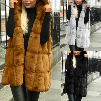 

Winter Thicken Faux Fur Vest Jacket Casual Women Solid Color Hooded Waistcoat