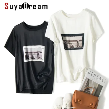 

SuyaDream Silk Basic T Shirt White Shorts 2020 Summer Woman Vintage Print O neck Cotton Tops Casual Top Shirt