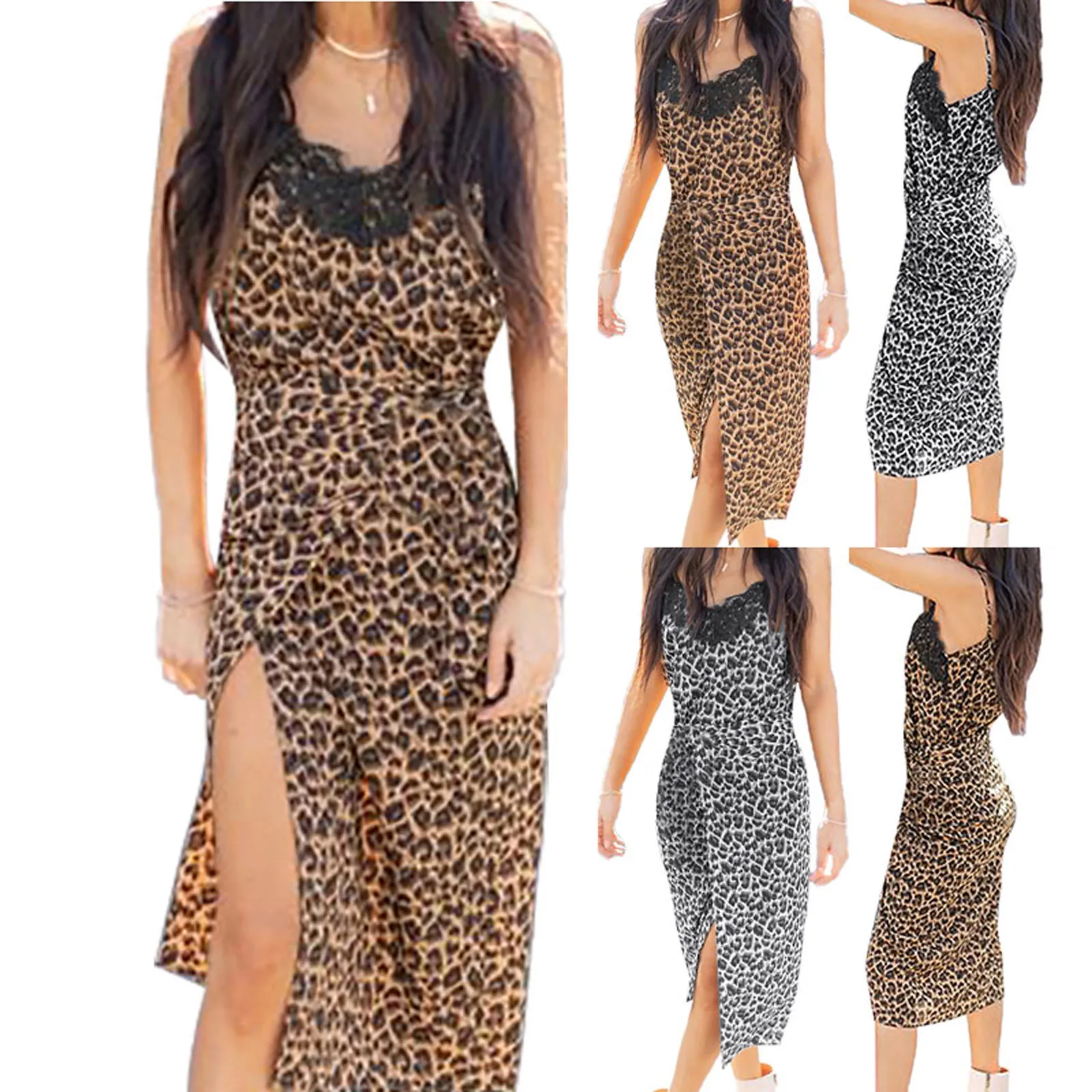 2021 Long Dresses for women Vestidos de mujer casual Ladies Fashion Casual Sling Leopard Print Lace Splicing Split платье 1