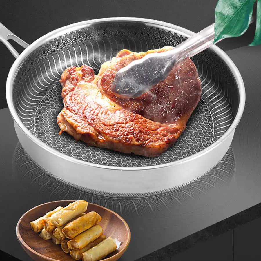Stainless Steel Frying Pan Non-Stick Pot Cookware 28cm Fried Steak Pot Saucepan Double-sided Honeycomb Kitchenware