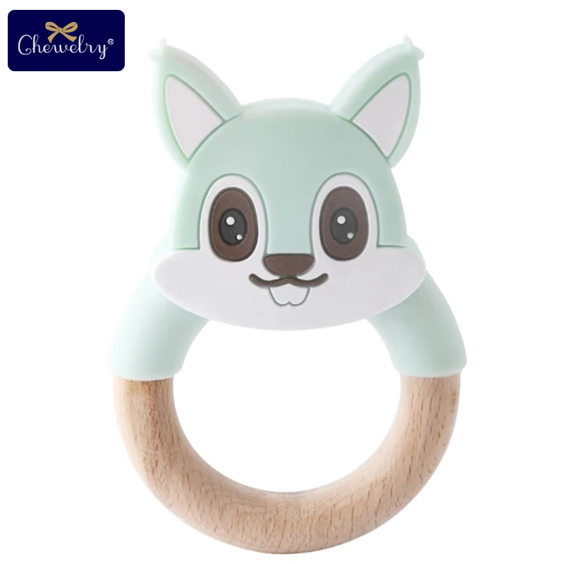 Mint Squirrel 1 шт. Детские Прорезыватели силиконовая мышь грызуны Силиконовые Прорезыватели деревянное кольцо деревянный Прорезыватель коляска белка для детей товары игрушки - Цвет: Mint Squirrel