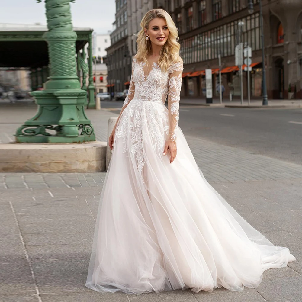 

2022 тюлевые Свадебные платья с длинным рукавом в стиле бохо, элегантные трапециевидные Свадебные платья с V-образным вырезом для женщин, индивидуальный пошив