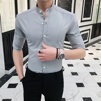 

Korean Solid Simple Men Shirt All Match Stand Collar Slim Fit Half Sleeve Mens Casual Shirts Business Formal Wear Blouse Homme