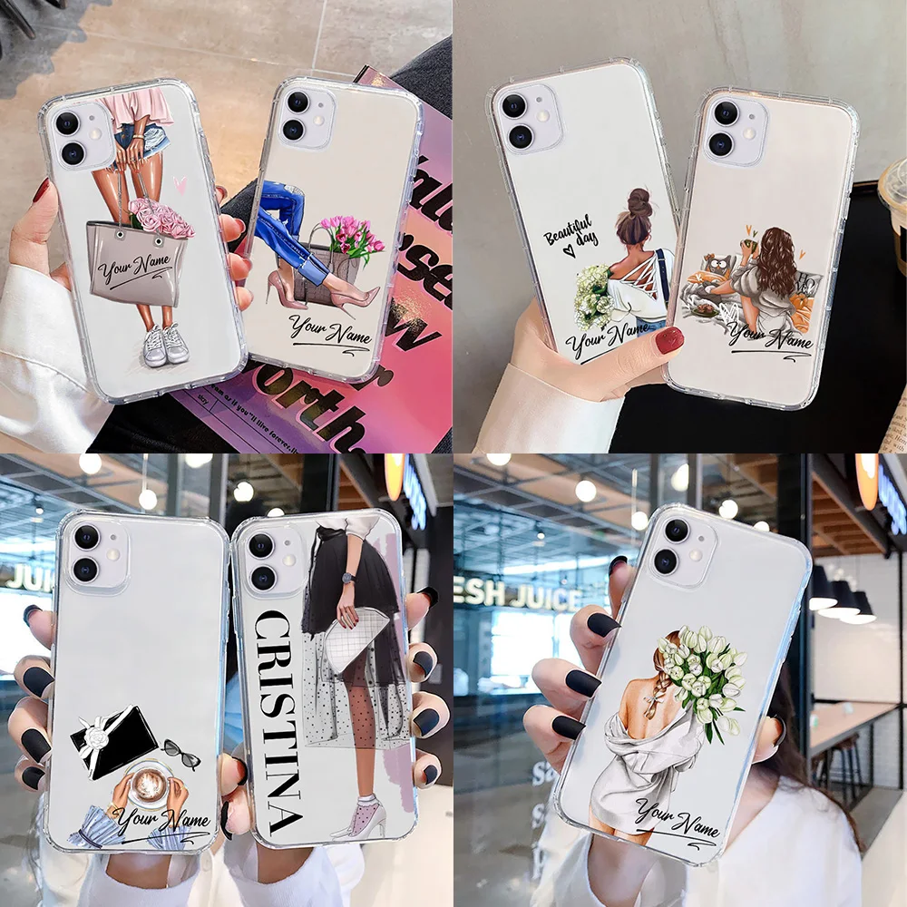 phone card case Fashion Girls Custom Name Phone Case for iPhone 13 Pro Max Case Cute 11 12 Mini SE 2020 7 8 Plus Luxury Cover for iPhone 13 X XR mobile pouch