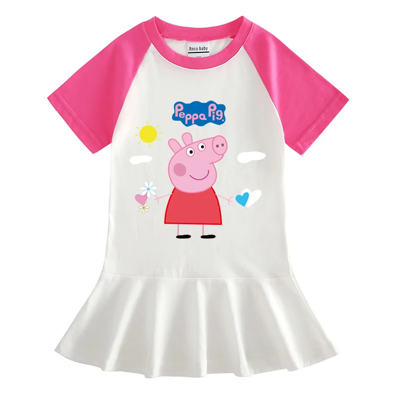 peppa pig girls half-sleeved dress baby cotton pleated princess skirt cartoon animation peripheral kids clothing