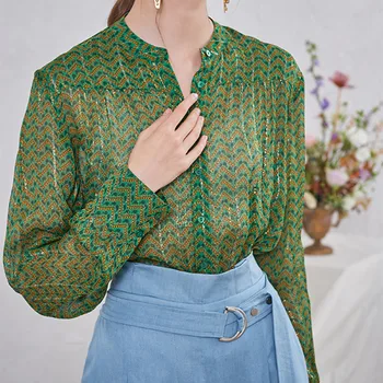 

Women's French Printed Blouse Long Sleeve Linear Printed Round Neck Buttons Casual Lady Shirt and top