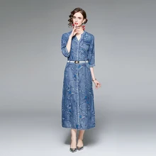 

Vetement Femme 2021 Fall Fashion Designer Runway Tencel Denim Bodycon Maxi Dress Vintage Floral Print Elgant Party Long Dresses