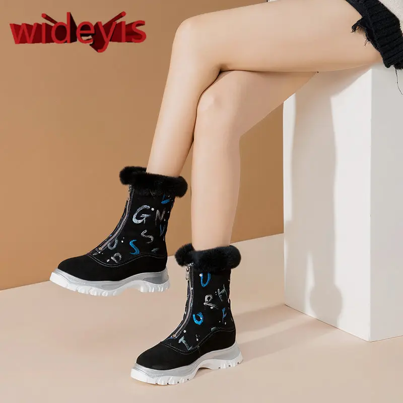 Кроссовки женские WIDEYIS зимние новые женские снегоступы Корова анти-бархатные матовые сапоги Модные теплые зимние ботинки на молнии с круглой головкой / размер 34-41