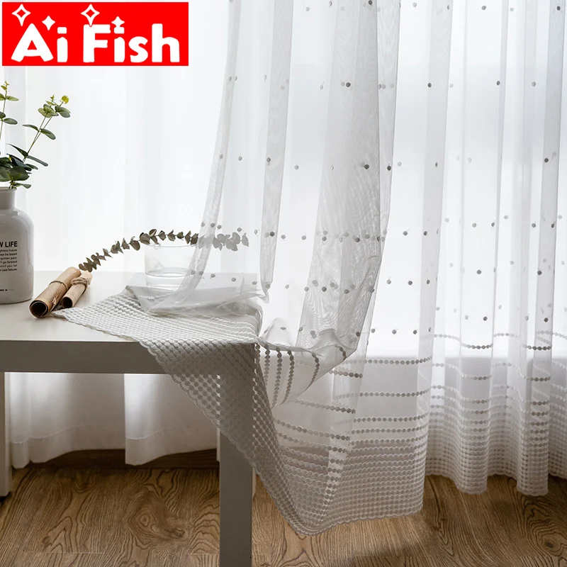 

Endless Stripe Drapes Window Screen Sheer Fabric Nordic Simple White sheer panel tulle curtain for living room M094-50