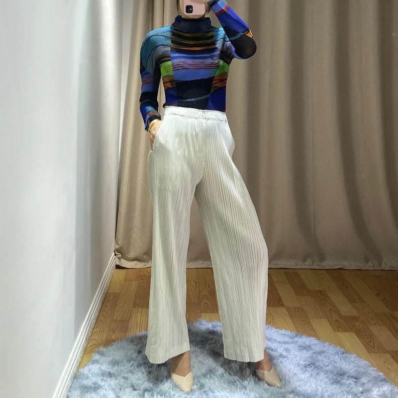 Бежевый MIYAKE плиссированные прямые брюки, базовые плиссированные брюки, одноцветные, большие размеры, узкие прямые широкие брюки - Цвет: Бежевый