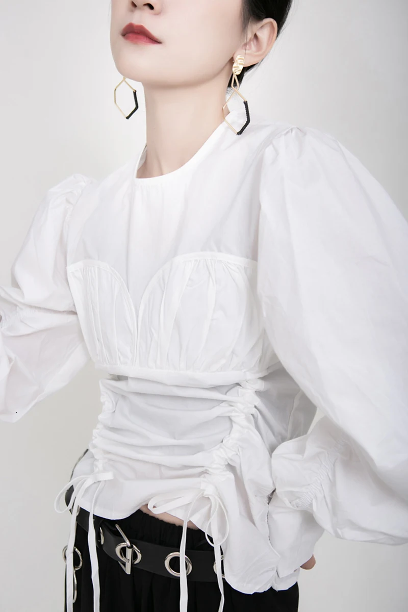 [EAM] Женская плиссированная блузка с завязками, новая свободная рубашка с круглым вырезом и длинным рукавом, модная весенняя Осенняя 19A-a176