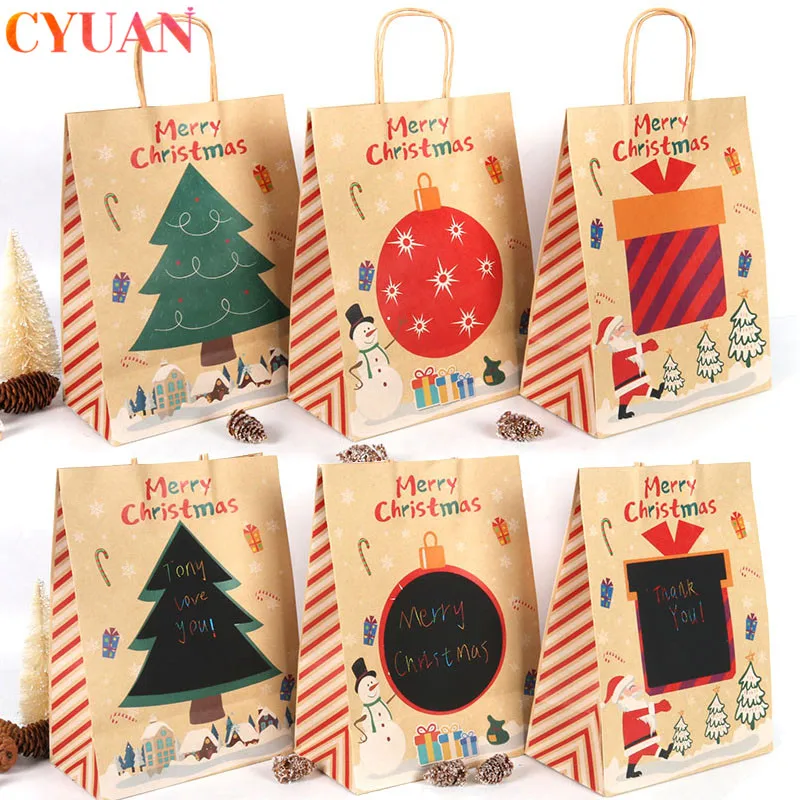 Bolsas de regalo de Navidad, bolsa de papel Kraft con asa, caja de favores de fiesta Navidad, bricolaje, escritura, árbol de navidad, regalos de Navidad, Papá Noel, 3 piezas -