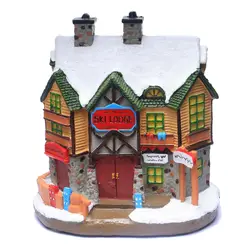 Casa de pueblo de Navidad, ornamento de esquí de invierno, Escena de Casa iluminada