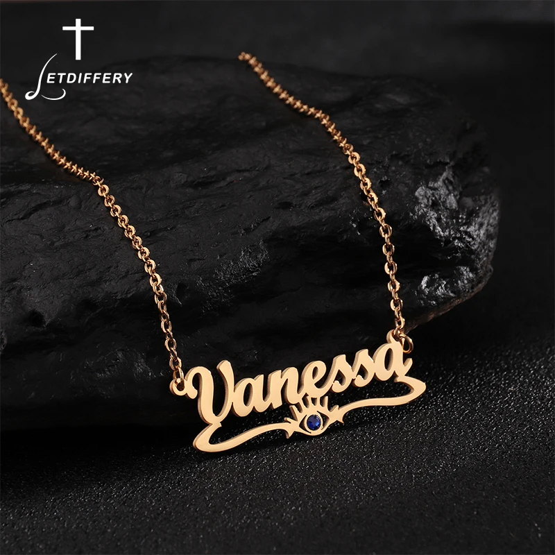 

Letdiffery Custom Unique Blue Stones Eye Necklace Nameplated Stainless Steel Personalized Gold Color Name Pendant Necklaces