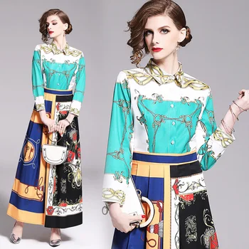 

2020 Spring Summer Fashion Runway Long Sleeve Maxi Dress Women Elegant Party Rose Floral Chain Print Casual Office Ladies Dress