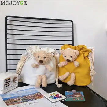 

Women Drawstring Bucket Crossbody Bag Classic Texture Creative Delicate Chic Cute Bear Canvas Small Shoulder Pouch