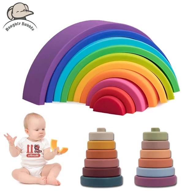 Silicone Rainbow Blocks For Children Rainbow Stacker Stacking Blocks Toy Baby Constructor Montessori Games Educational Toys Gift 1