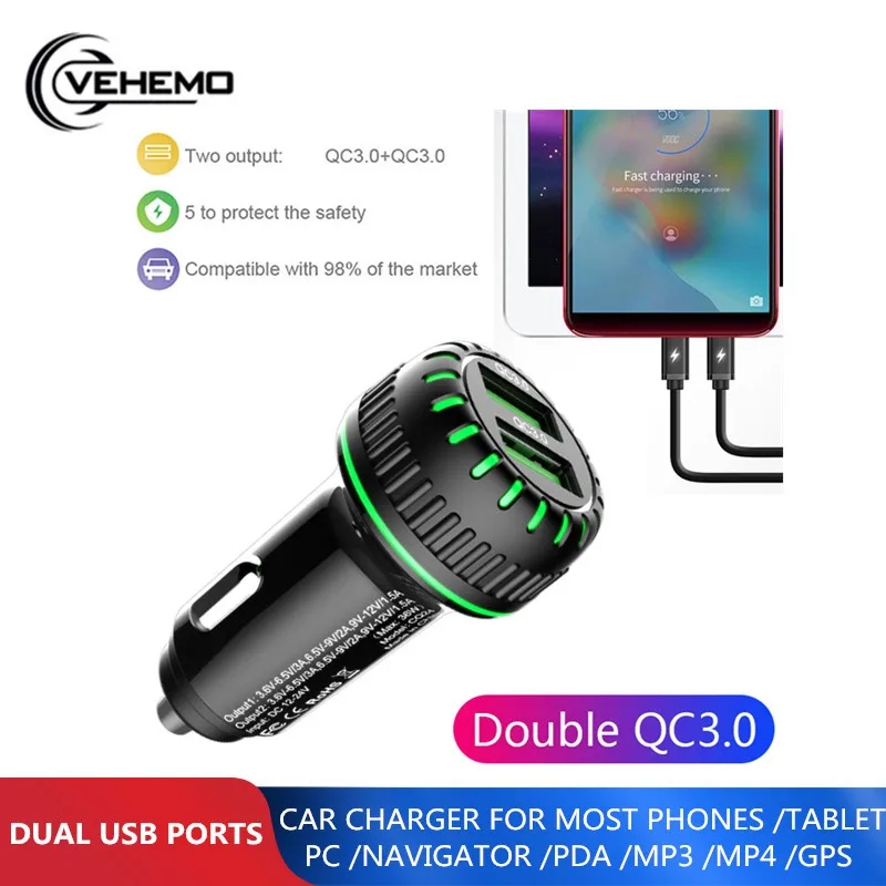 Двойной QC 3,0 Halo автомобиля Зарядное устройство автомобиля прочный двойной USB Зарядное устройство для авто с светодиодный свет